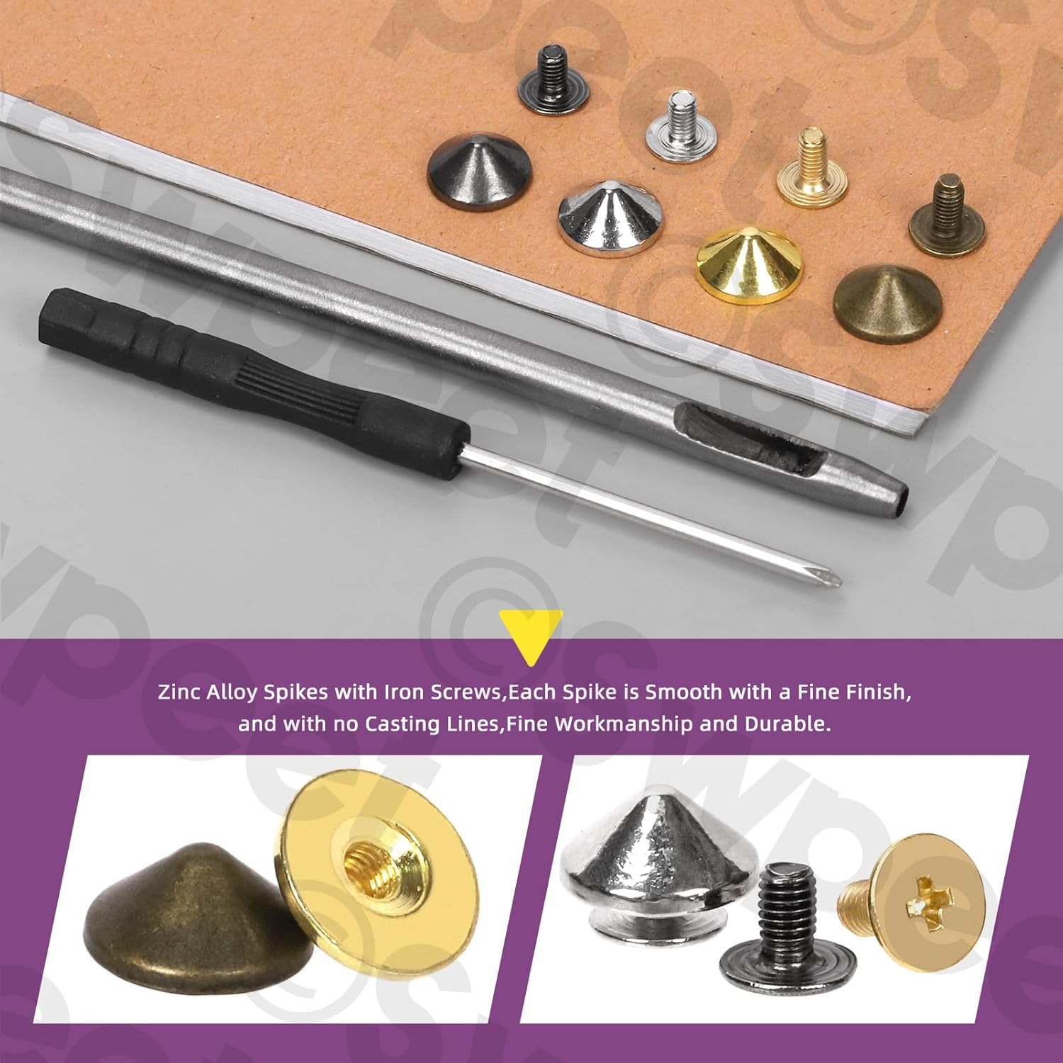 Swpeet 102Pcs Bronze Color Cone Spikes and Studs Kit with Hole Punch and Screwdriver, Back Leather Craft Rapid Rivet Screws, Spikes Bullet Cone Spikes Screw for Clothing Shoes Leather Craft