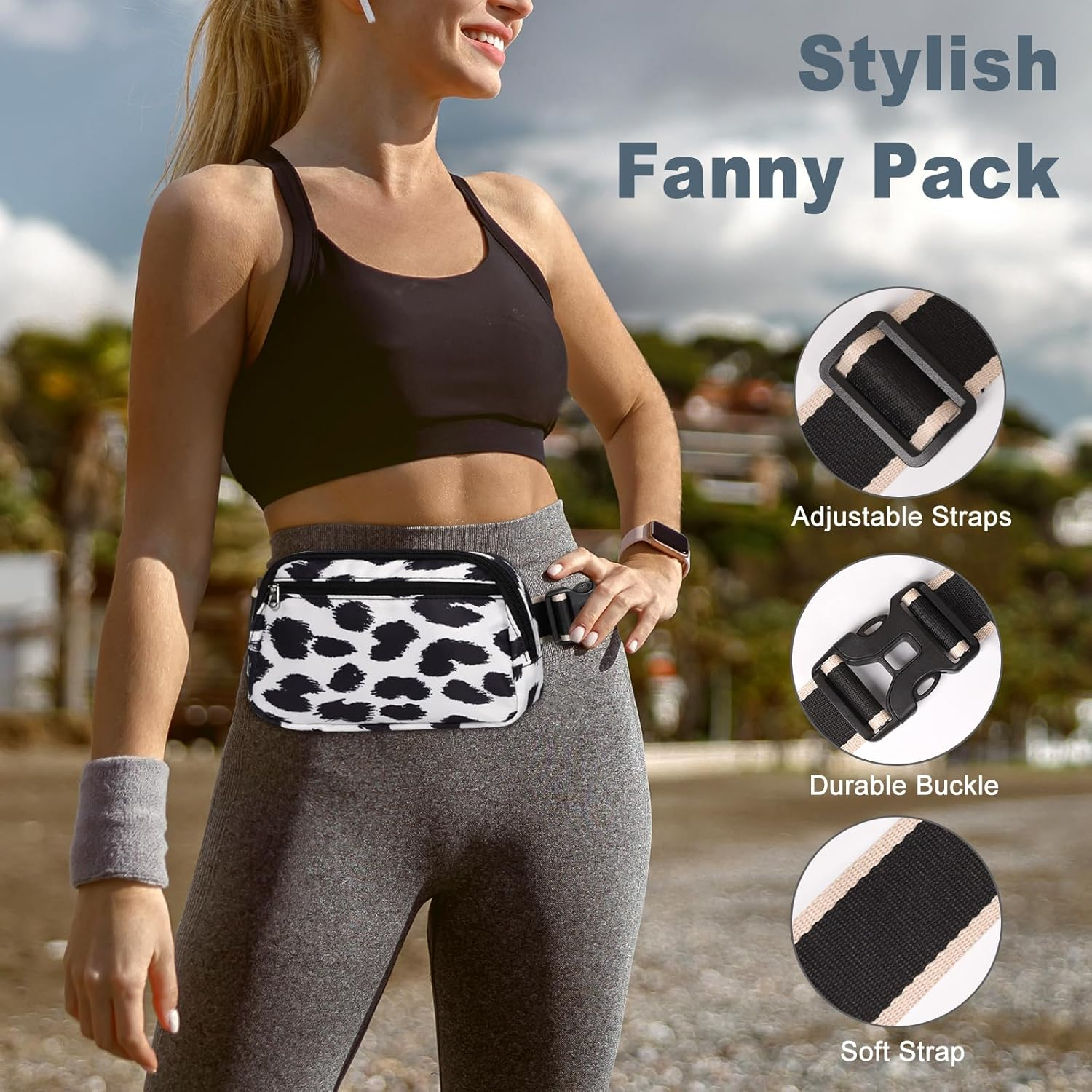 Dmluna Small Crossbody Bags for Women Trendy, Lightweight Fanny Pack for Women & Men, Mini Belt Bag, Waist Bag with Adjustable Strap for Running Workout Traveling, Z - Black/White Leopard, Small, - Beige image number 4