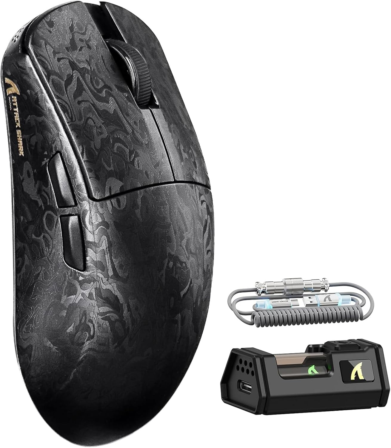 ATTACK SHARK R11 Ultra 8K Carbon Fiber Wireless Gaming Mouse with 42000DPI-PAW3950 MAX Sensor-49G Lightweight,Nordic 52840 MCU Chip,Wired/Bt/2.4Ghz Programmable,Rgb Coiled Cable for Pc(Black Ink+Tape)