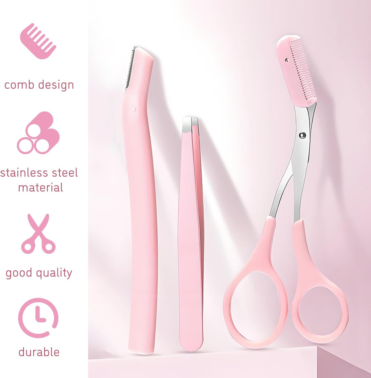 TORMEN Professional Eyebrow Grooming Kit, Eyebrow Scissors with Comb Eyebrow Razor Eyebrow Tweezers for Perfect Eyebrow Shaping, Face Hair Removal Tool for Men and Women(Pink) image number 2