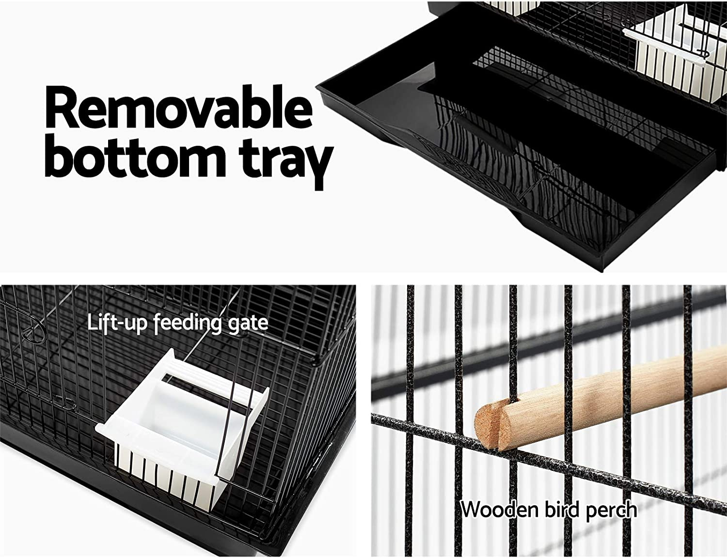 I.Pet Bird Cage 47 X 36 X 88Cm Guinea Pig Pet Birds Parrot Ferret Cages Aviary House Budgie Finch Canary Stand Toys,Black 2 Perch + Slide-Out Removable Tray image number 2