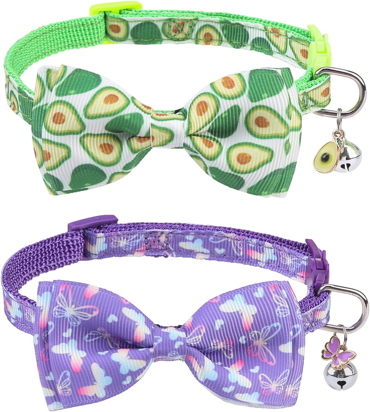 SCENEREAL Cat Collar with Bells, 2 Pcs Breakaway Cat Collars with Adustable Bowtie, Safety Kitten Collar for Boy Girl Cats Puppy, Cute Rainbow & Floral Pet Collar, Green & Purple