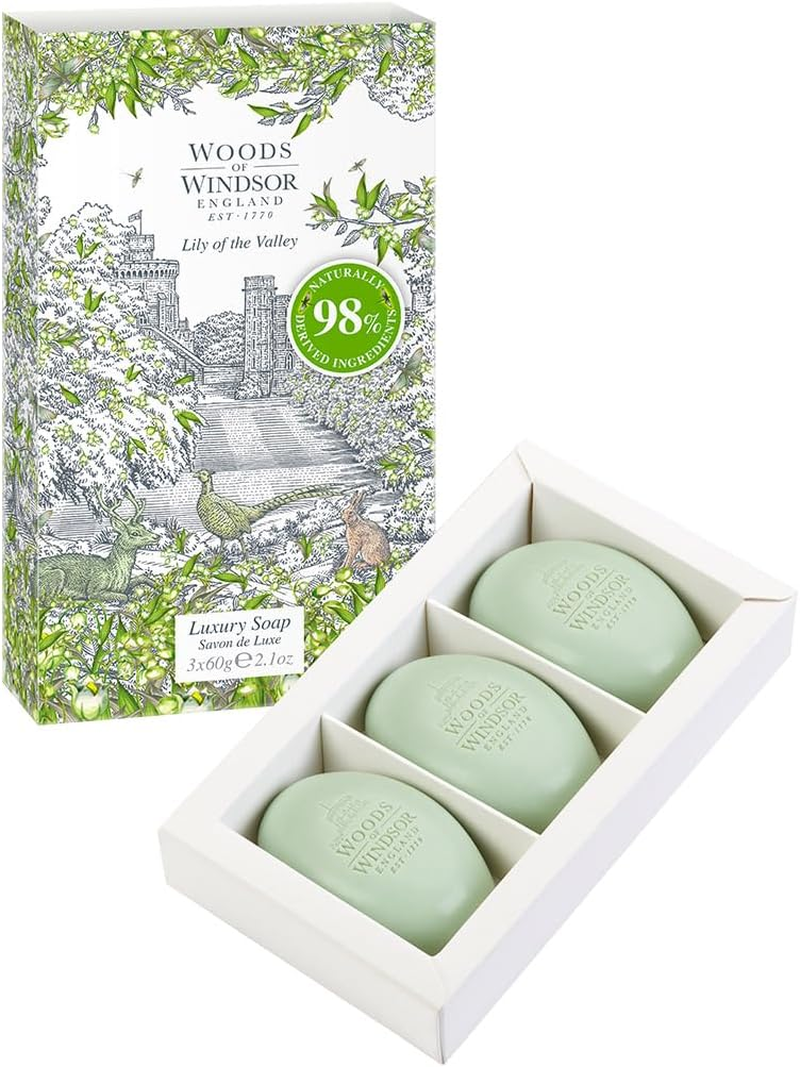 Woods of Windsor Lily of the Valley Soap Bars, Moisturising Soap Bar with Shea Butter, Vegetable Based Fine Milled Soap with Notes of Geranium and Citrus, Hand and Body Soap, Lily of the Valley Scent 3 X 60G image number 3
