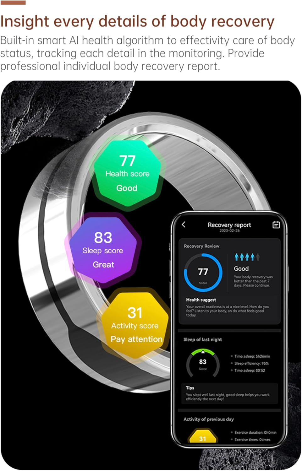 AIZO Smart Ring Pro - 5G Ultra Lightweight with Touch Control, Fitness Tracker, New APP System & Charging Base, Health Sports Monitor image number 6