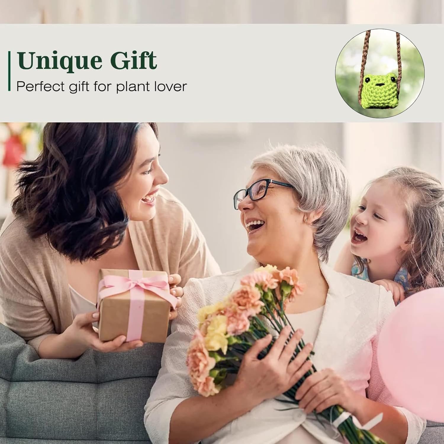 Cute Crochet Frog Car Decor,Car Hanging Accessories for Rear View Mirror,Boho Positive Animals Charm,Hand-Made Kitchen Office Ornament, Funny Interior Aesthetic Pendant for Women (Green) - Green image number 2