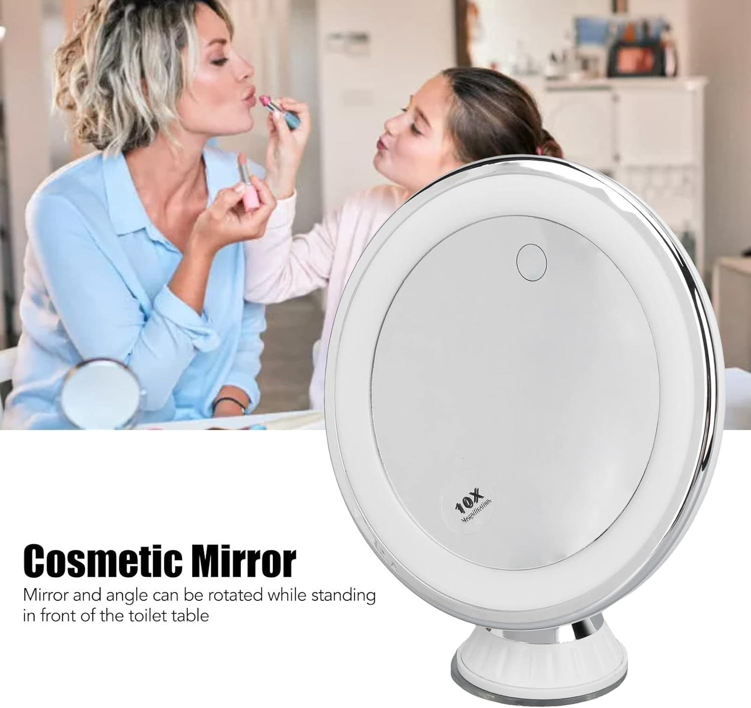 Lighted Makeup Mirror, Suction Cup Makeup Mirror 10X with 3 Light Colors Battery Powered Makeup Mirror 10X Magnify with Suction Cups for Makeup image number 1