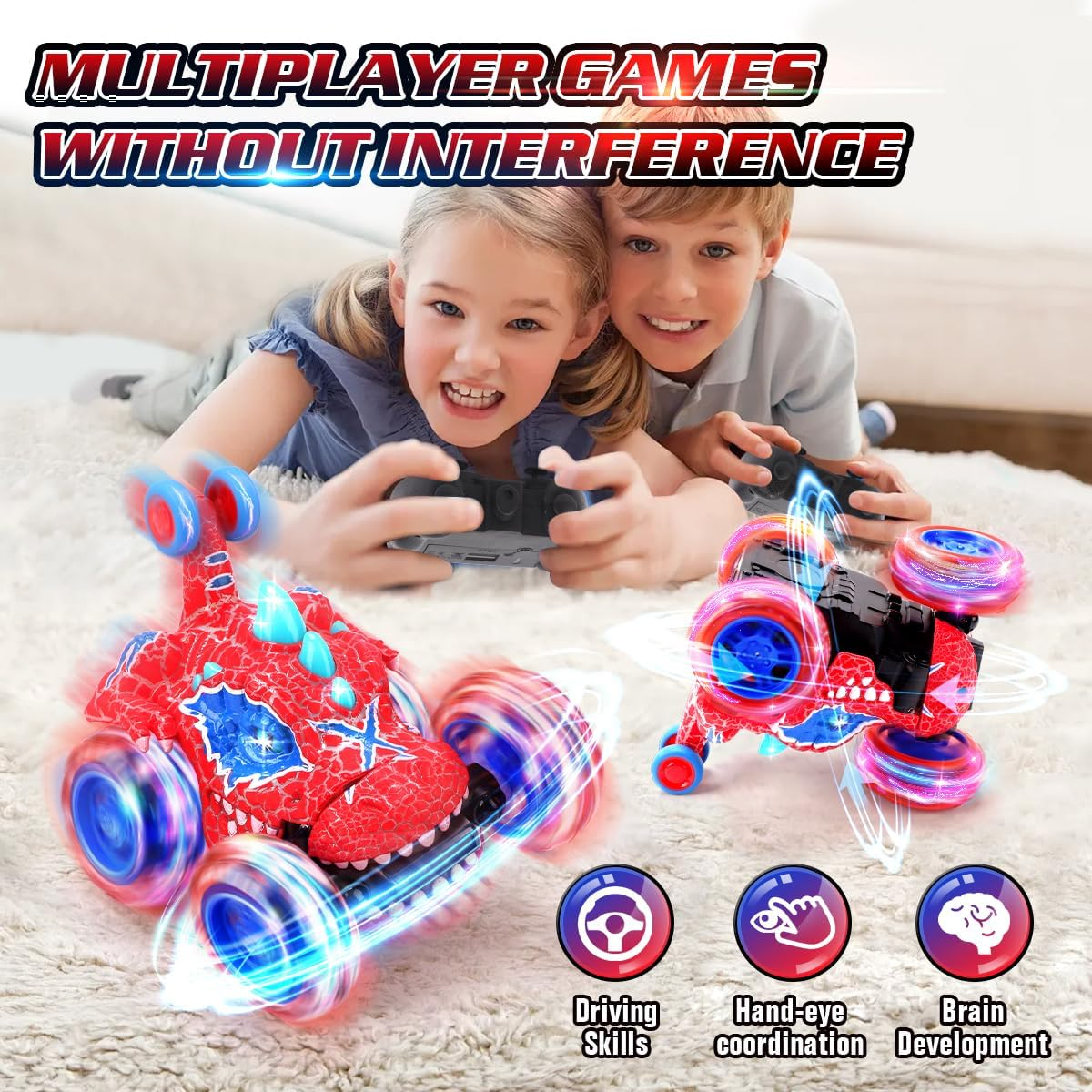 REMOKING Remote Control Car for Kids Age 3-8, 2.4Ghz Dinosaur Toys RC Car 360&deg;Stunt Rotation, 4WD Wheel with Cool Lights,Rechargeable Vehicle Outdoor Game for 3 4 5 6 Year Old Boy Gift image number 5