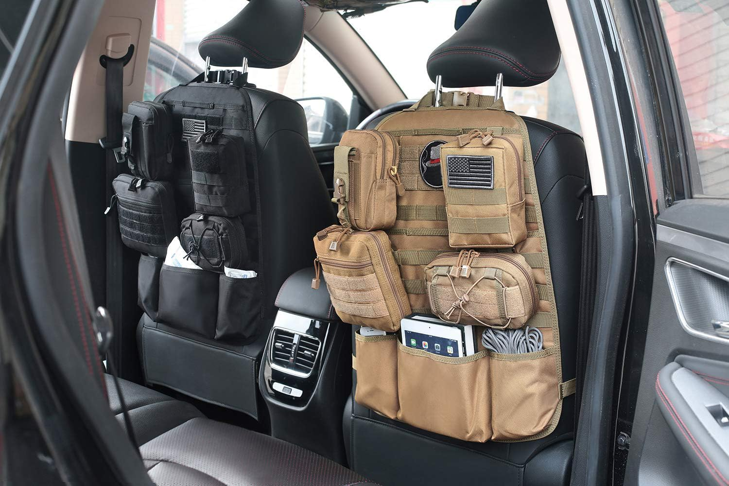 Tacticool Car Seat Back Organizer - Upgraded Tactical Molle Vehicle Panel Universal Fit Car Seat Cover Protector with Extra USA Flag Patch (2 Pack Black) image number 5