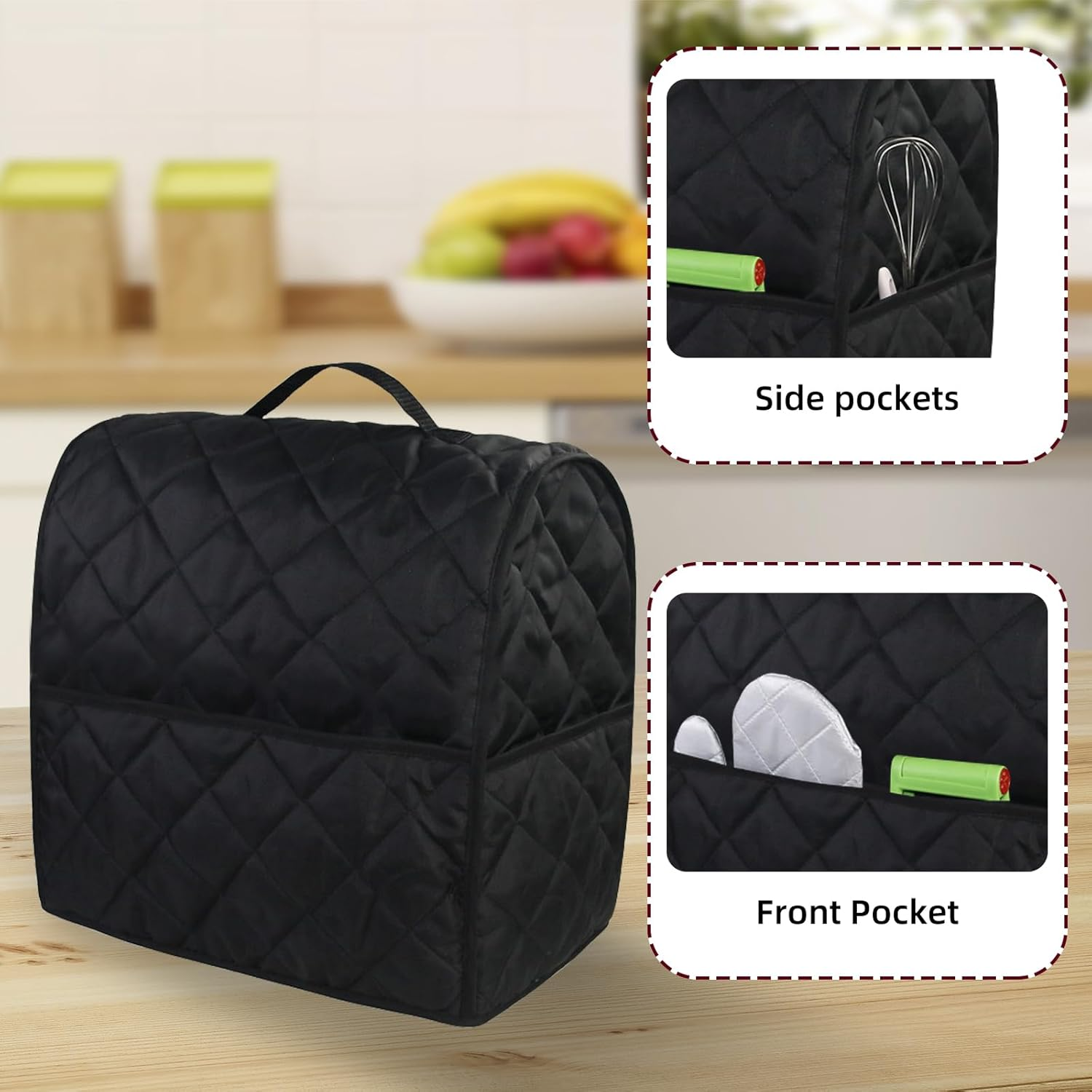 ZYNTM Kitchen Aid Stand Mixer Cover, Dustproof Full Covering 36X24Cm, Waterproof Mixer Bag with Side Pocket, Black Cotton, 24X24X25Cm, FOOD MIXER image number 2