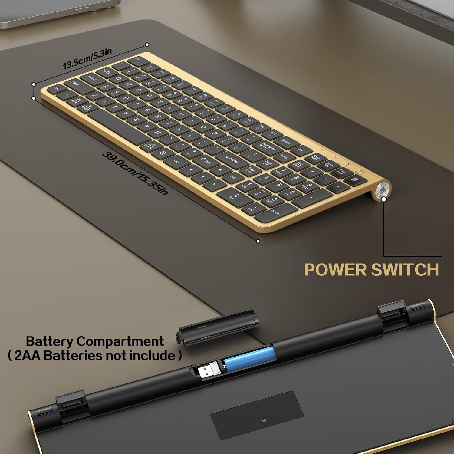 JOYACCESS Black Gold Wireless Keyboard with Low-Profile Keys - 2.4Ghz Full-Sized,Windows & Mac OS, Quiet,Ergonomic Keyboard for Computer, Laptop, PC, Mac,Windows- Gold image number 4