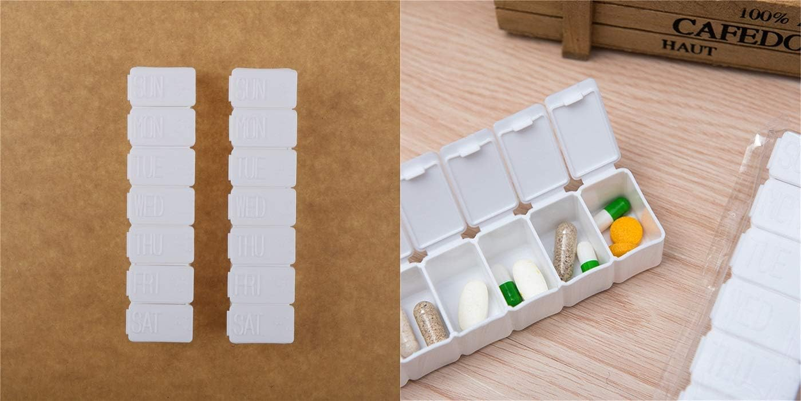 Weekly Pill Organizer, Portable 7 Day Pill Box, Travel Medicine Organiser, Compact Pill Case with Big Letters & Braille Symbol, Daily Pill Dispensers & Reminders for Vitamins, Fish Oils, Supplements (2 PCS Pocket Size, White)