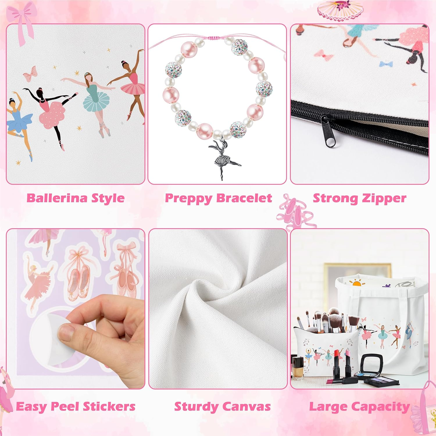 Y1Tvei Cute Ballerina Canvas Bags Kit- Ballet Dancing Girl Recital Gifts with Tote Bag Makeup Pouch Stickers Bracelet Card image number 1