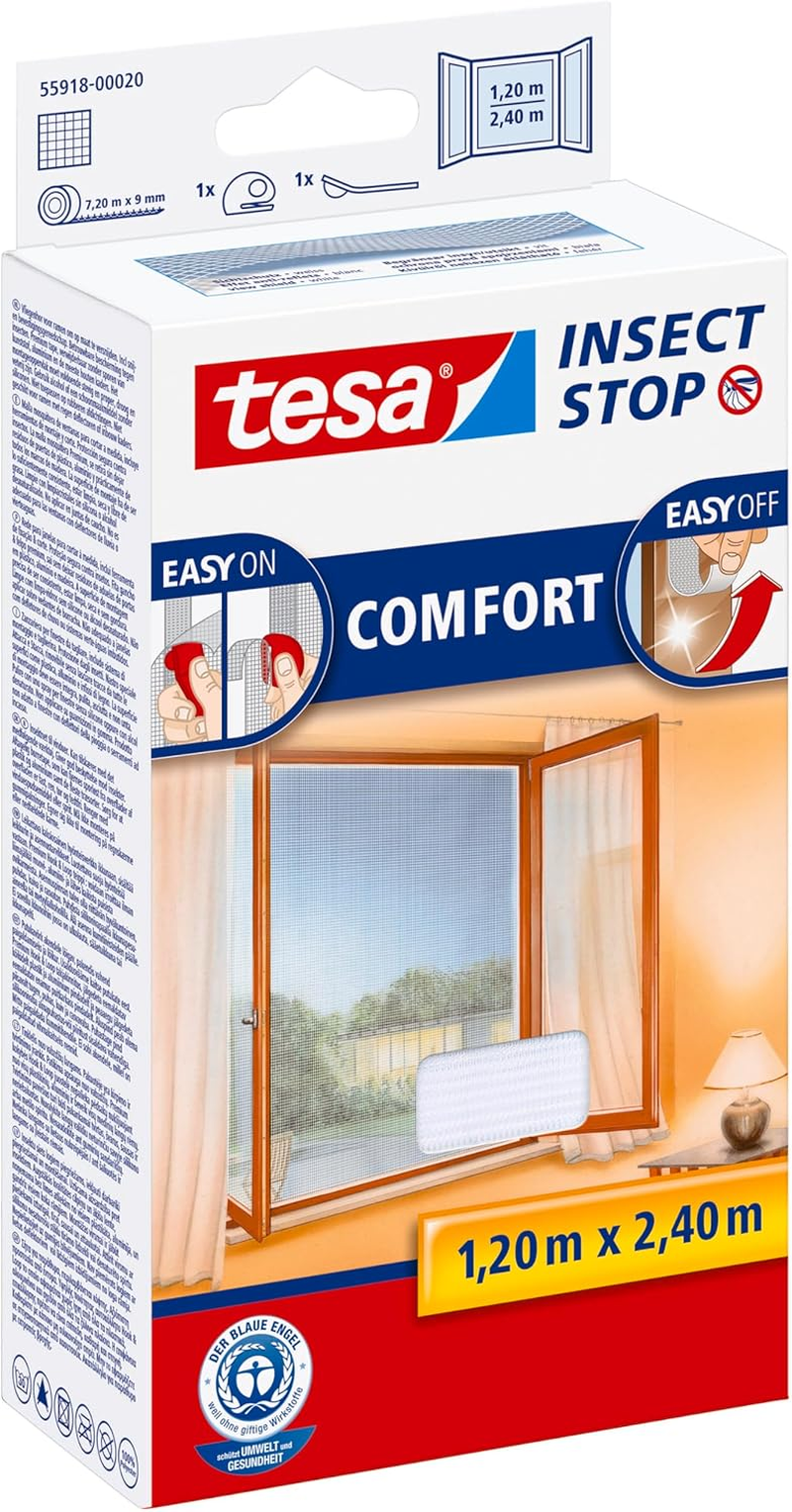 Tesa Insect Stop Comfort for French Windows - Self-Adhesive Hook and Loop No Drill Fly Screen - in Anthracite, 120 Cm X 240 Cm