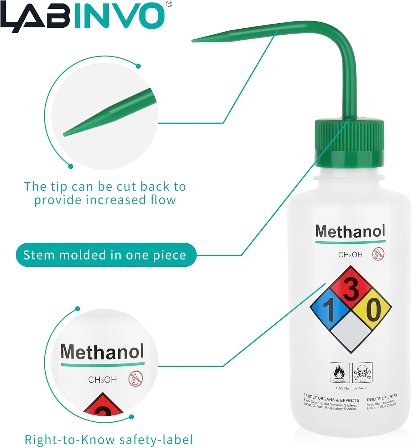 LABINVO Self-Venting Safety Wash Bottles(Methanol), Pack of 1, with Chemical Name,.Vol.500Ml,Ldpe Material,Cap in Green Color.In-Wbm501