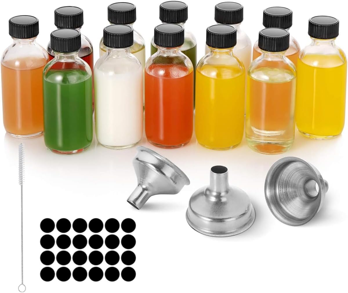 12Pcs Shot Bottles Small Glass Bottles, Juice Bottles with Lids, 60Ml Clear Glass Containers with Funnels, Brushes, Boston round Sample Bottles for Juice, Oils, Ginger Shots, Whiskey, Liquid image number 2