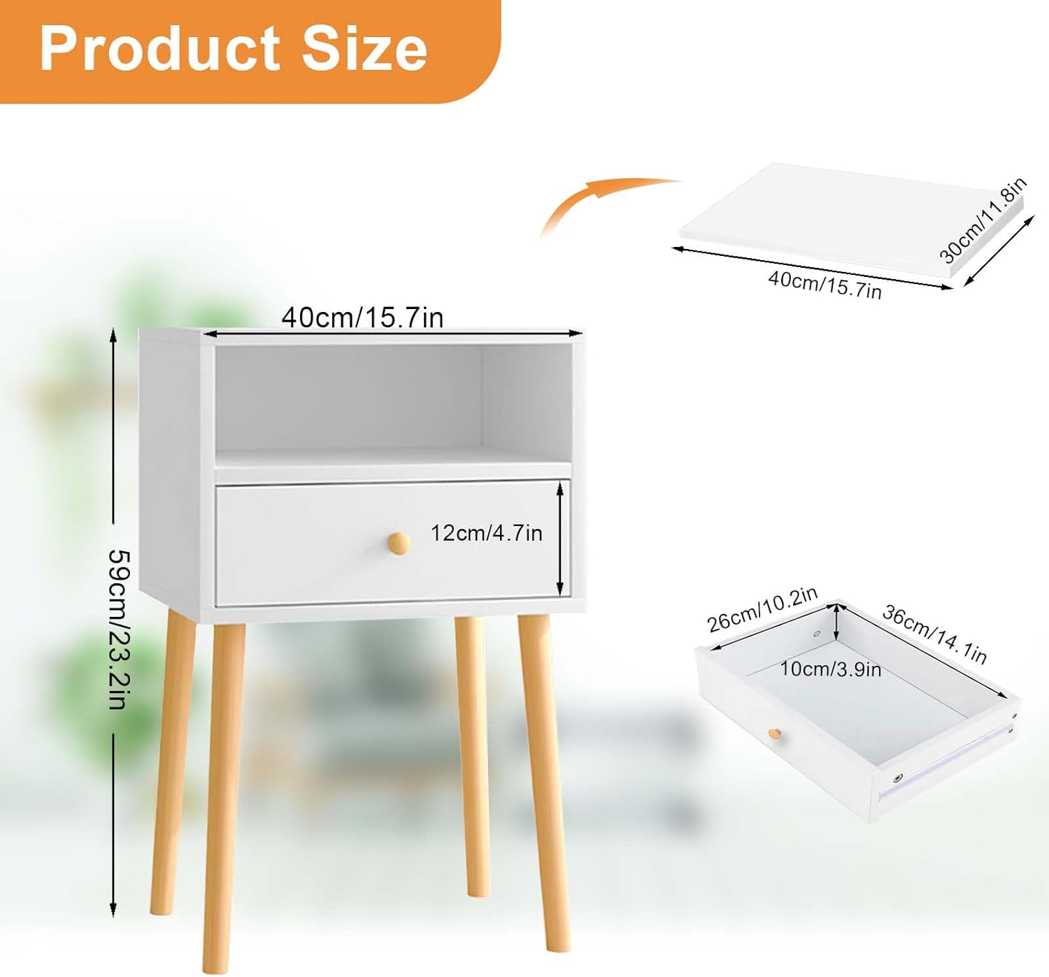 Bedside Table Drawers Side Organiser 40L&times;30W&times;59H, Small Desk Chest with Drawers,Bedroom Living Room Home Furniture Tallboy Lamp Stand Nightstand Cabinet (White) image number 3