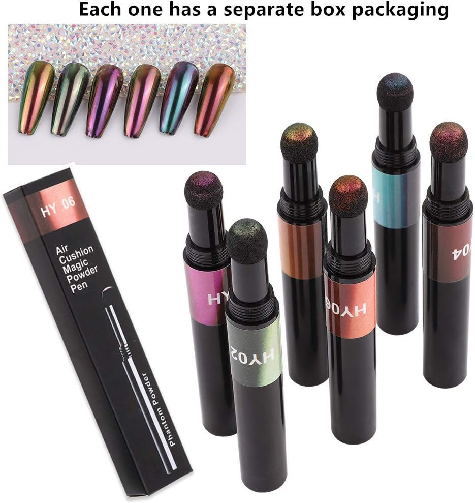 XICHEN 6 Colors/Set Air Cushion Nail Powder Pen Holographic Nails Powder with Mirror Effect, Manicure Cushion Magic Pen, Laser Phantom Series Magic Mirror Powder image number 1