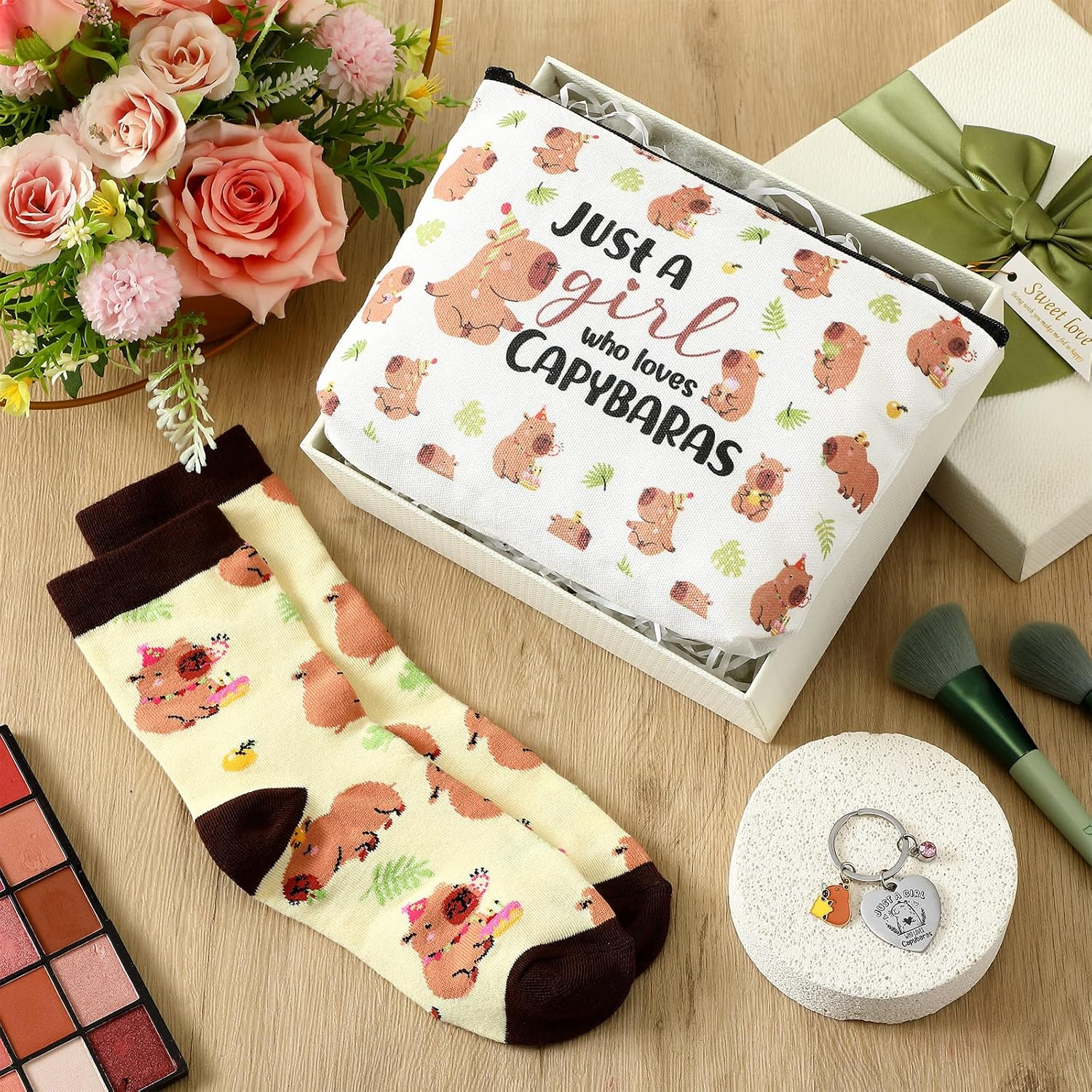 Xuniea 3 Pcs Capybara Gift Set Just a Girl Who Loves Capybaras Makeup Pouch, Keychain, Socks, Cute Capybara Themed, Pet Lover Present, Birthday, Christmas Animal Theme Gift for Friends, Family, Colle