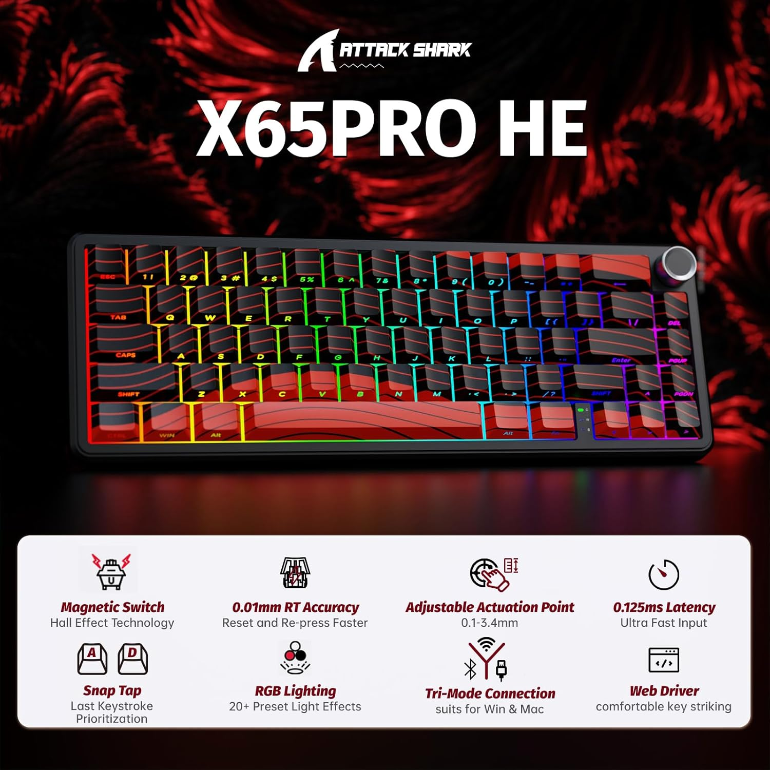 ATTACK SHARK X65PRO HE Rapid Trigger Wireless Gaming Keyboard, 0.01Mm RT Accuracy 8000Hz Wired Keyboard with Magnetic Switch, Adjustable Actuation, Snap Tap, RGB Lighting for Pc/Mac (Black Red Line) image number 1