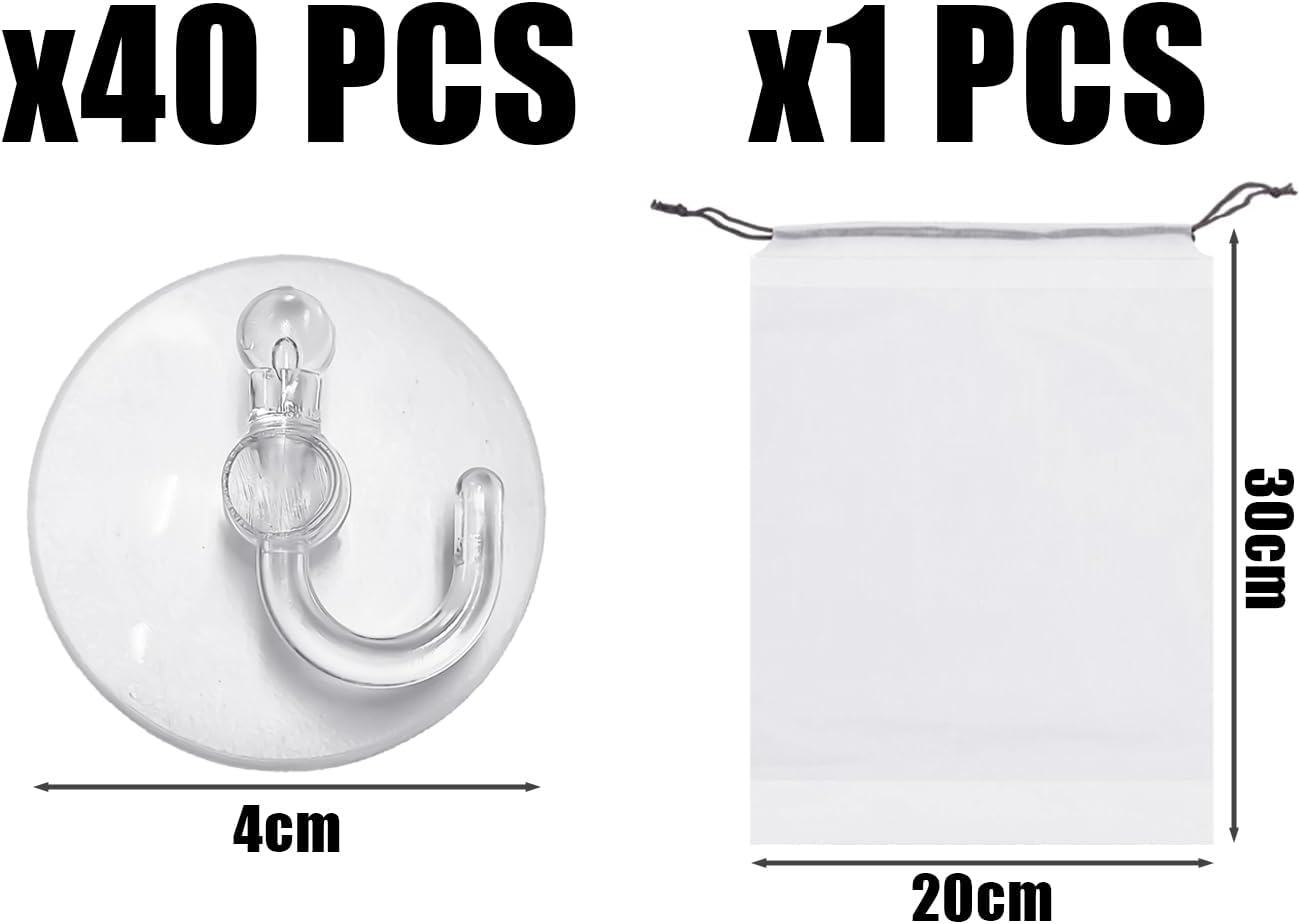 SLEEKEE 40 Transparent Suction Cup Hooks with 4 Cm Diameter and 1 Storage Bag - Ideal for Hanging Bathroom and Kitchen Utensils