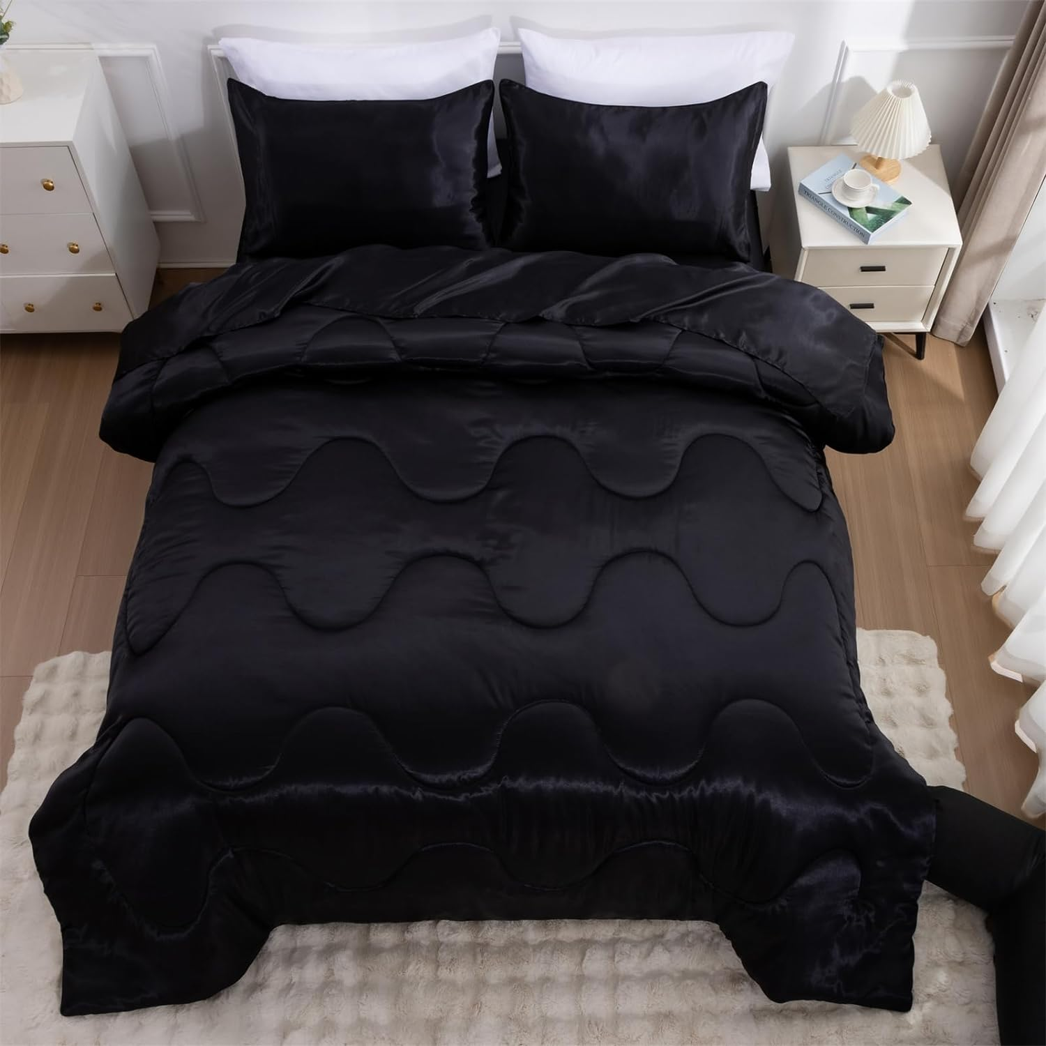 A Nice Night Satin Silky Soft Quilt Luxury Super Soft Microfiber Bedding Thin Comforter Set Full/Queen, Light Weighted (Black, Queen(88-By-88-Inches))