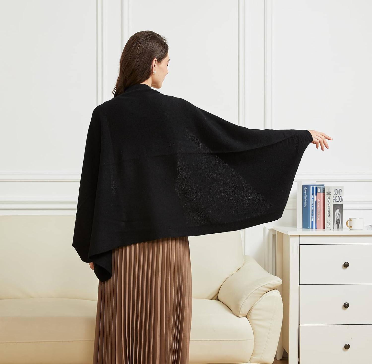 BRYCTSISEN Women'S Lightweight Cashmere Shawl Wrap Scarf with Sleeves Outer Warm Knitted Open Front Poncho Cape Fall Winter