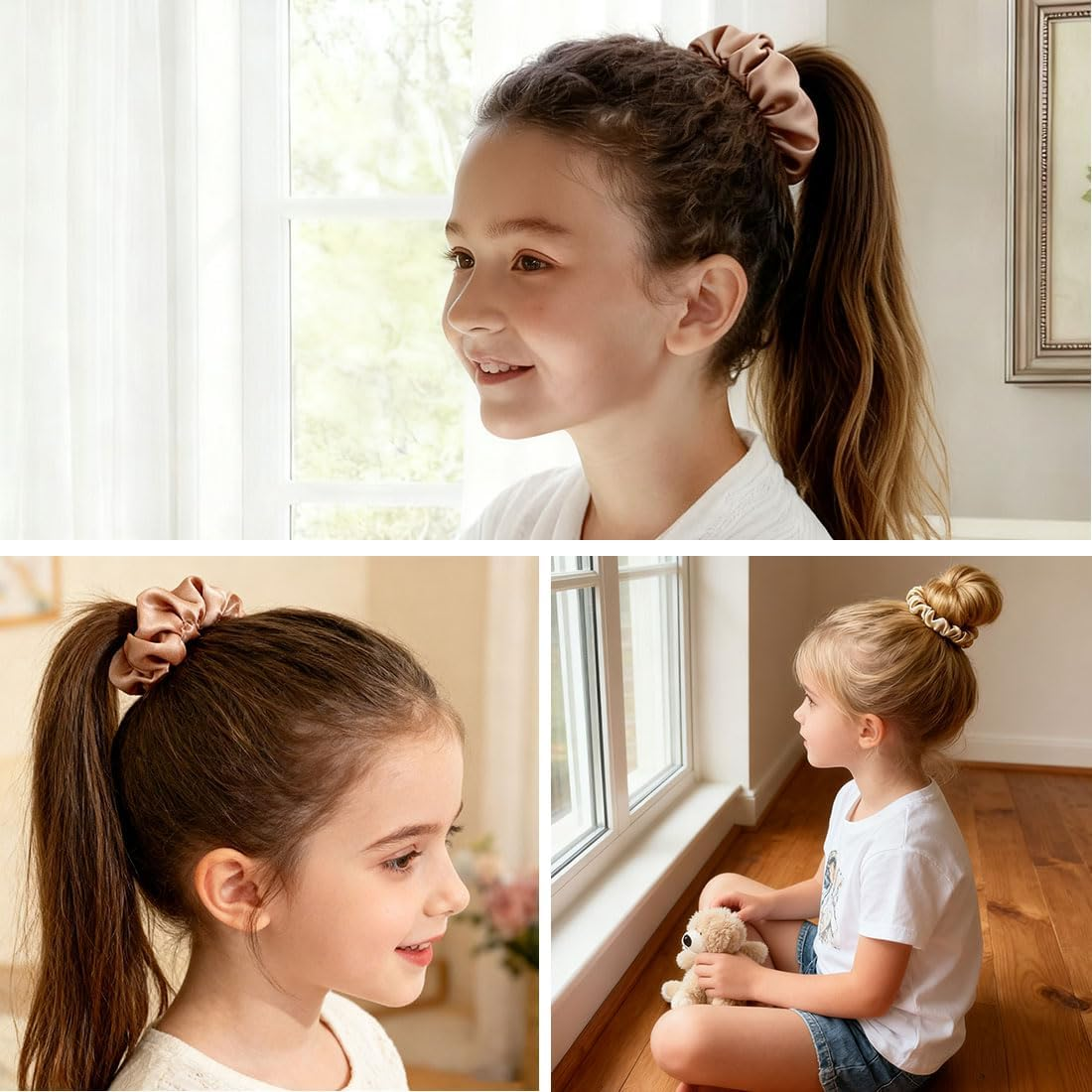 ZWWOGE 4 Piece Set Silk Bonnet for Sleeping, Consisting of Two Sizes Silk Hair Bobbles and a Scrunchies in Champagne Pink and Pink, Gentle on Hair, Satin Hair Scrunchie image number 3