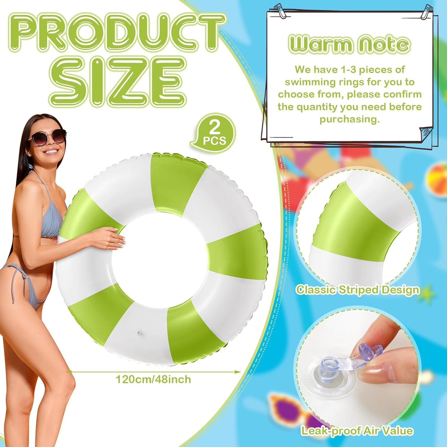 Jumbo Pool Floats Swimming Ring 47.24 Inch Inflatable Tube Pool Tube Striped Pool Rings for Kids Adult Swimming Pool Summer Beach Bachelorette Wedding Party Decor