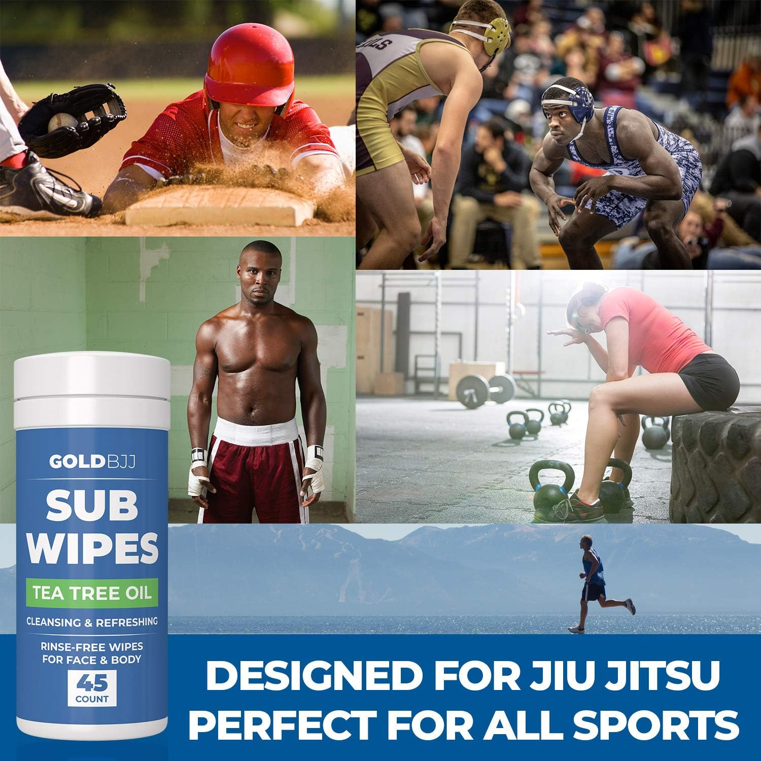 Gold BJJ Jiu Jitsu Wipes [XL 45 Count] Tea Tree Oil Face and Body Wipe - Cleansing Skin Defense for Martial Arts & Wrestling
