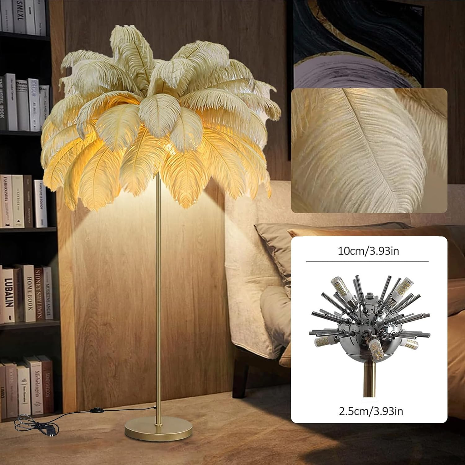 Anram Ostrich Feather Floor Lamp,Feather Standing Lamp Dimmable G4-LED Bulb Golden Lamp Body for Living Room Bedroom 160Cm Tall Reading Light - Gray image number 3