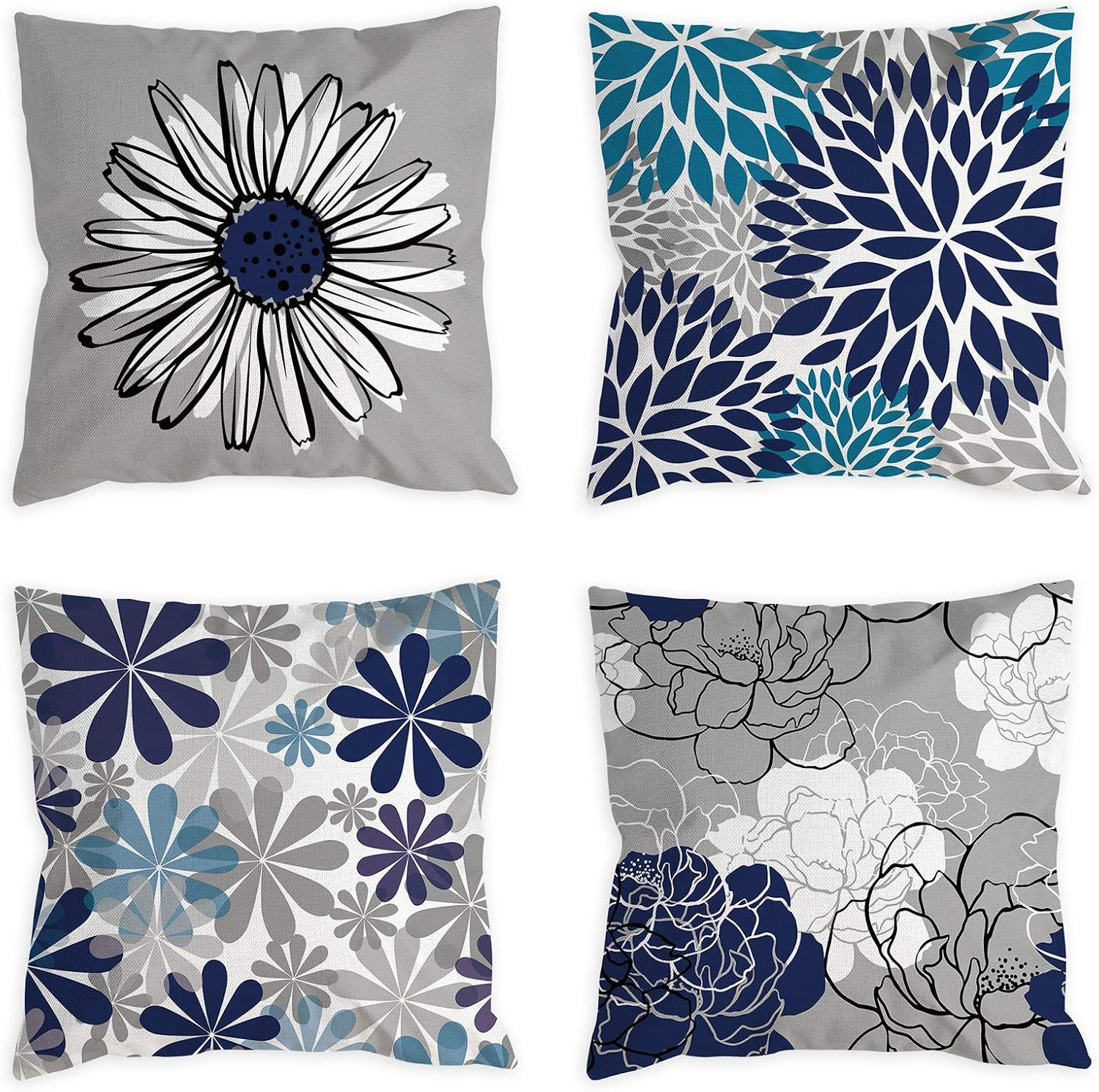 COLORPAPA Blue Pillow Covers 18X18 Set of 4 Grey Decorative Throw Pillow Cover for Couch Modern Daisy Pillows Case for Living Room Cushion Bed Outdoor Navy Blue and Gray Home Decor