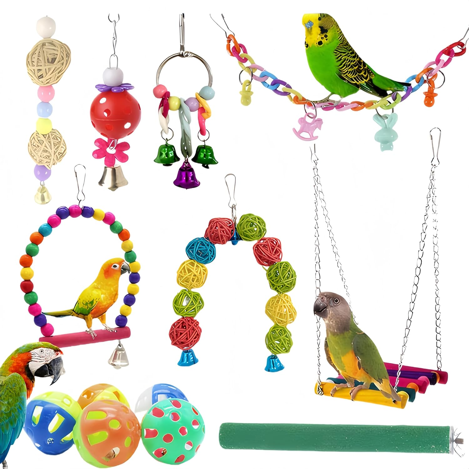 13Pcs Bird Toys for Budgie Parrot Bird Cage Perch Accessories Swing Hanging Standing Chewing Toy Hammock Climbing Ladder image number 2