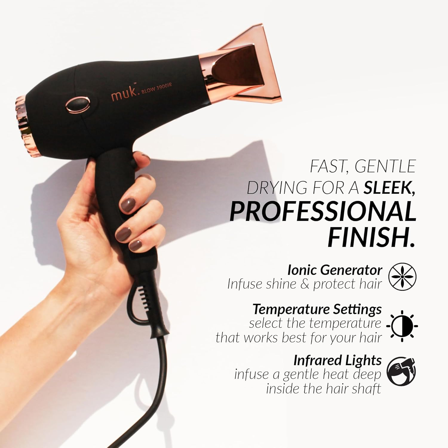 MUK. Professional Blow Dryer 3900 IR 2300 Watt - Lightweight Travel Hair Dryer for Gentle, Quick Styling. Hair Dryer with Ionic Generator for Shine & Protection. 3M Swivel Cord, Rose Gold - Matte Black image number 4