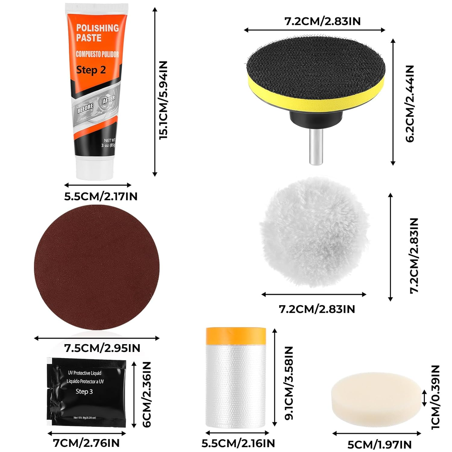 Headlight Restoration Kit, Polish Restore Cleaner Clean Tool DIY Polishing, Sanding Discs, Scouring Pads for Electric Drill, 3 Easy Steps to Restore Sun Damaged Car Headlights Lens