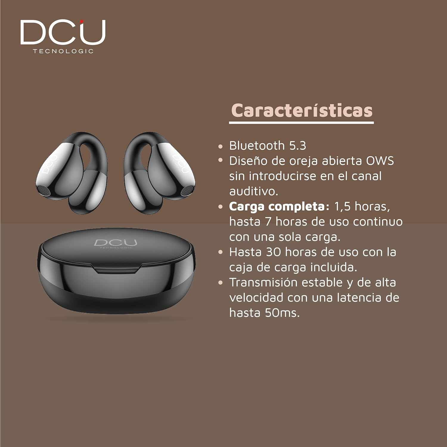DCU TECNOLOGIC - Bluetooth 5.3 Clip Buds Headphones - Wireless - Multi-Point Connection - 7 Hours of Continuous Use Time (Single Charge) over 30 Hours with Charging Case. Colour: Black