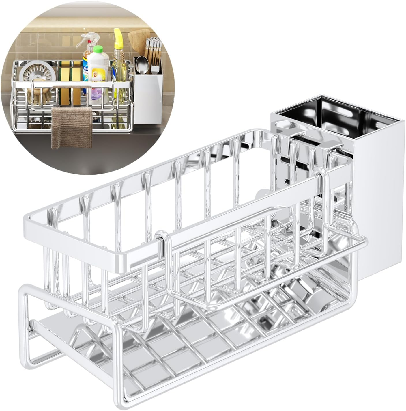 Beauty Nymph Sponge Holder for Kitchen Sink Storage Rack Kitchen Organizer Soap Brush Dispenser Sink Caddy Organizer with Dishcloth Towel Holder