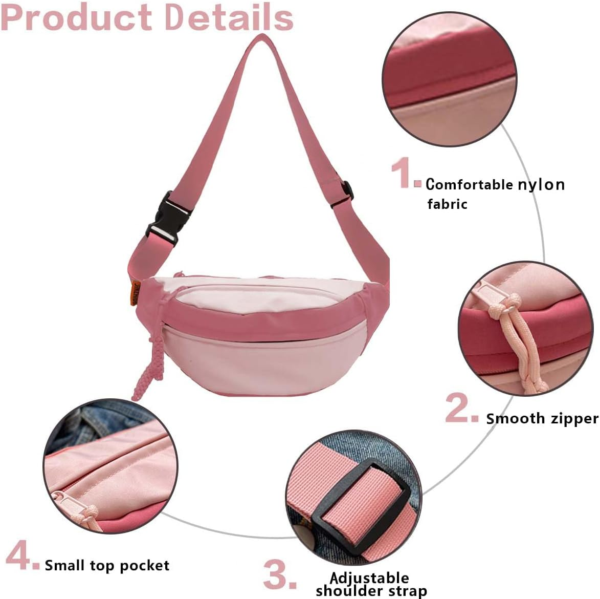 Men and Women'S Oxford Belt Bag Shoulder Bag with Adjustable Shoulder Strap and Zipper Pockets for School and Travel - Pink image number 3