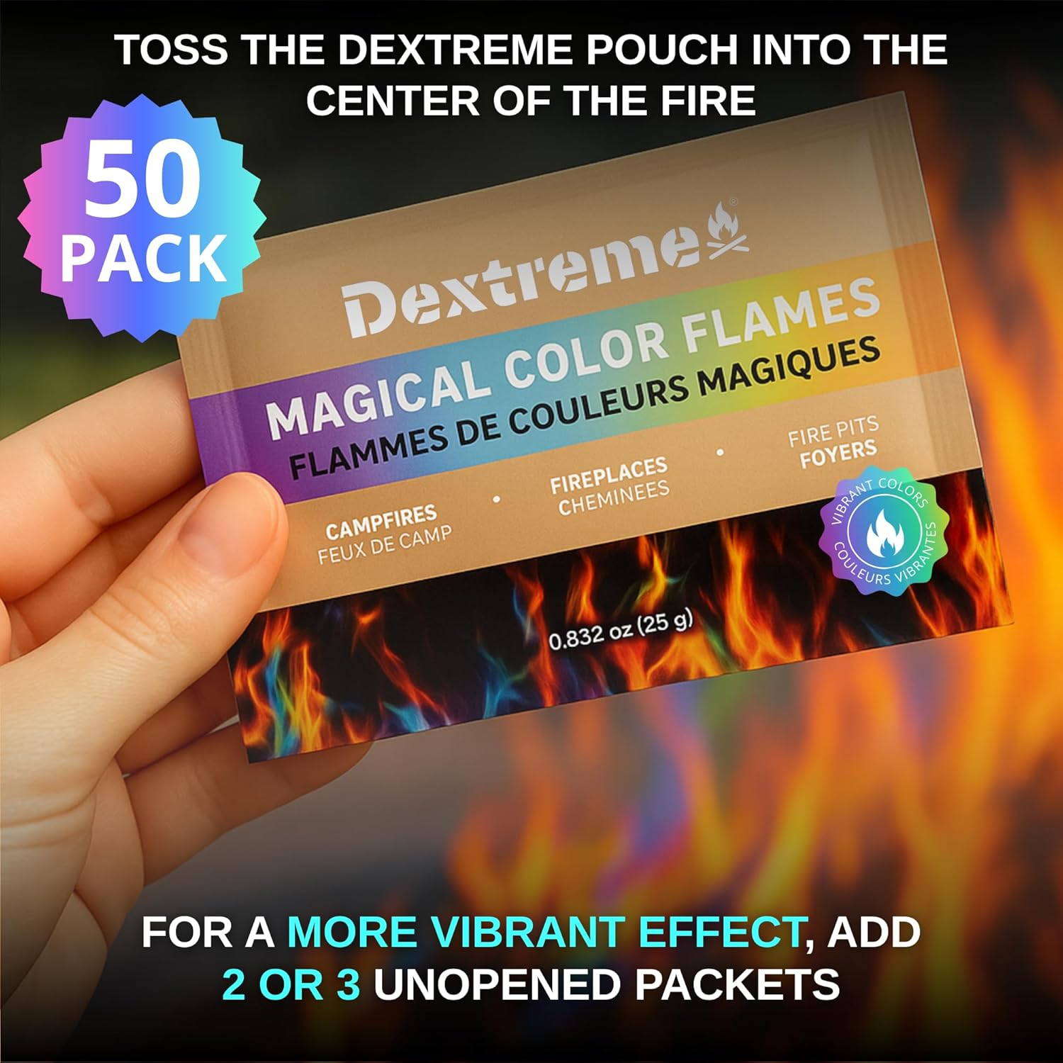 Dextreme Fire Color Changing Packets - Fire Color Packets, Color Changer for Campfires, Fire Pits, and Fireplaces, Longer Lasting Burn Time, Safe and Non-Toxic (50 Pack) image number 4