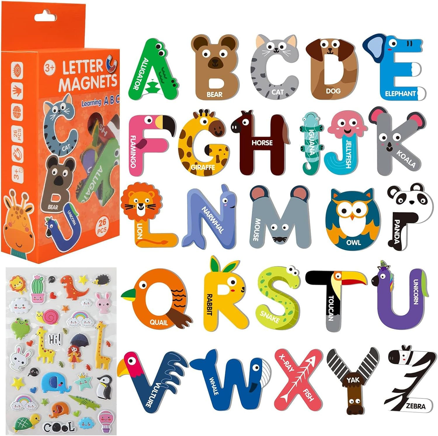 Large Size Magnetic Letters, Cute Animal Alphabet ABC Magnets for Fridge Colorful Uppercase Animals Toys Set Educational Spelling Learning Games for Kids, Toddlers 3 4 5 Years Old image number 1