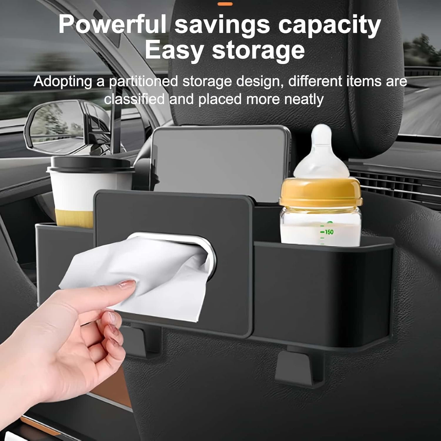 Car Backseat Organiser with Cup Holders & Storage Hooks, Holds Phones, Drinks, Snacks & Bags, Compatible with Most Vehicles