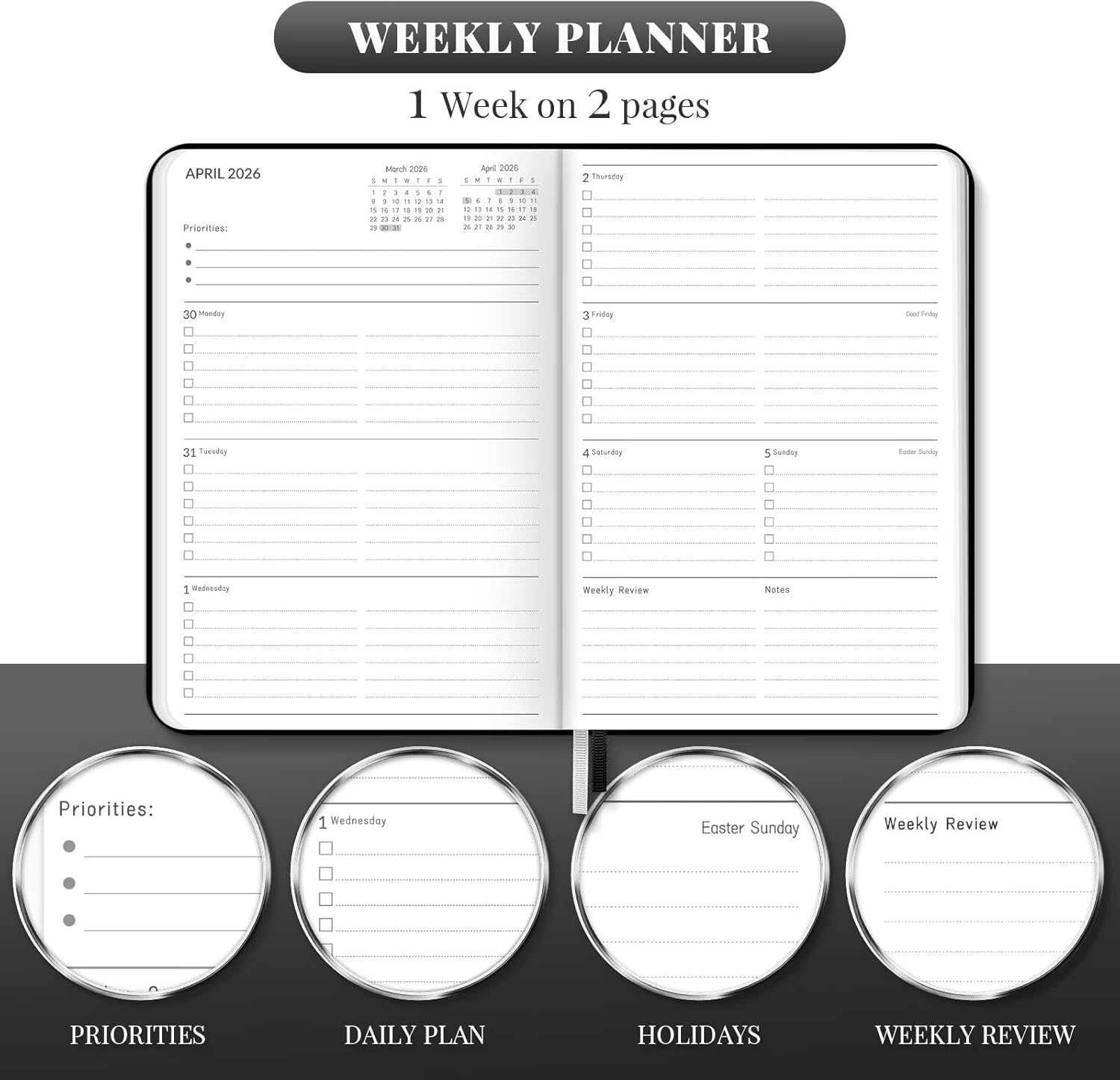 2026 Diary, Weekly and Monthly Planners, Faux Leather Daily Calendar 2026 Planner, 12 Month Agenda from Jan. to Dec., Hardcover Habit Tracker Journal 5.75" X 8.4"(Black) image number 1