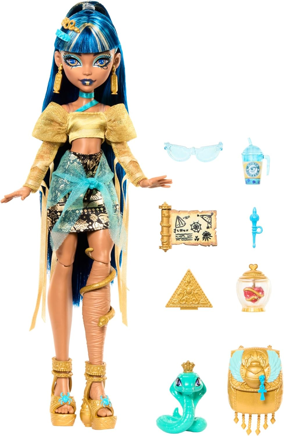 Monster High Cleo De Nile Doll in Golden Blouse and Layered Skirt, Includes Pet Cobra Hissette and Accessories like a Backpack, Snack and Scroll image number 5