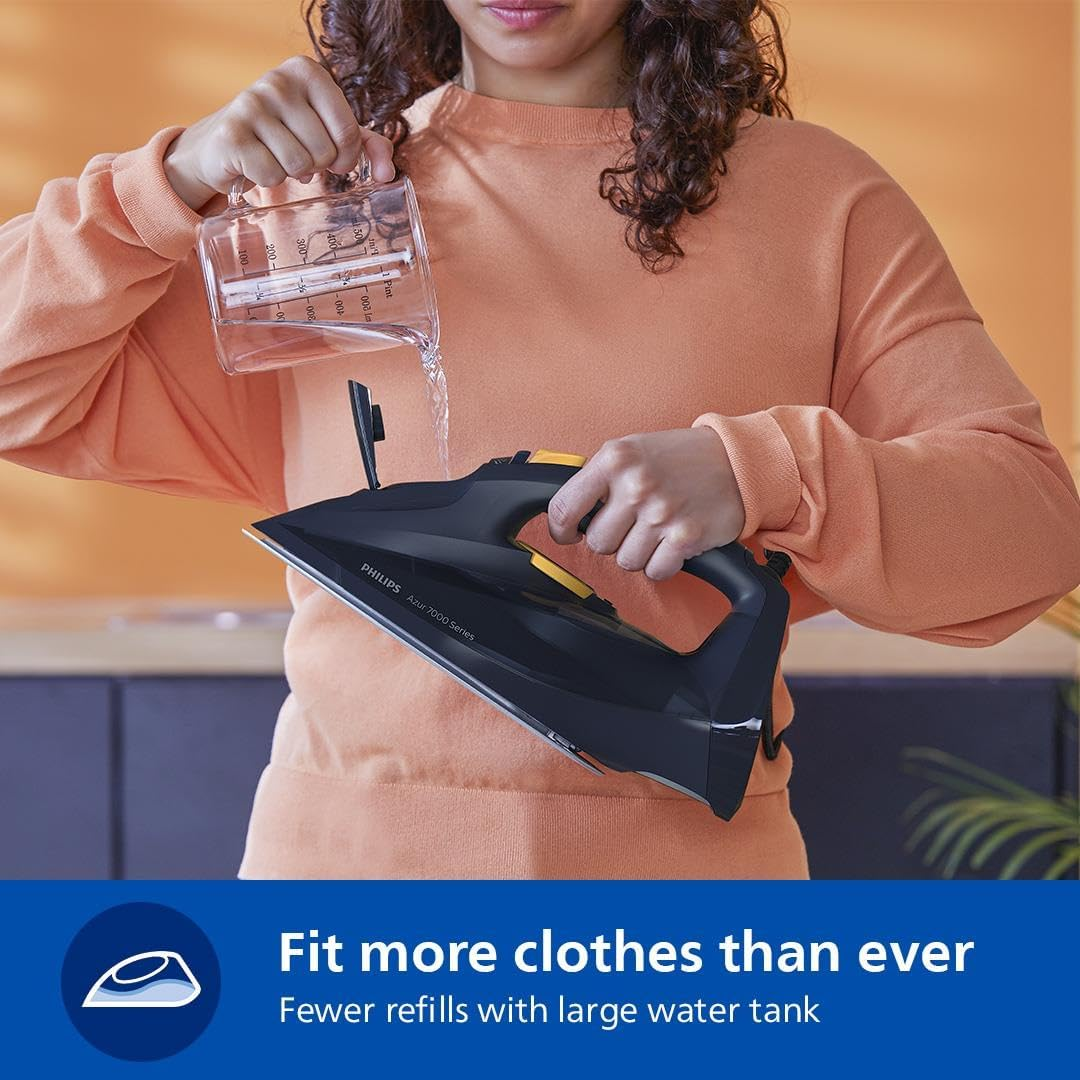 Philips Azur 7000 Series Steam Iron - 2400W, 50G/Min Steam, 250G Steam Boost, Vertical Steam, Steamglide Elite Soleplate, Blue/Yellow (DST7060/20) image number 3