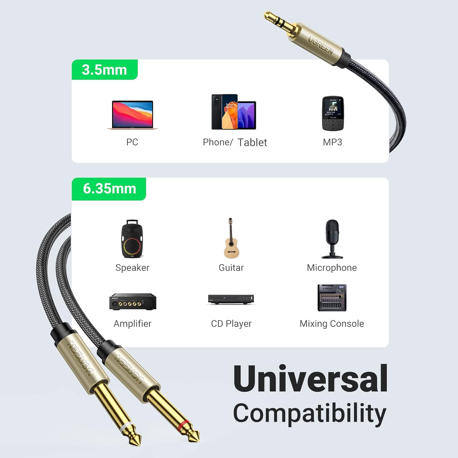 UGREEN 3.5Mm 1/8" TRS to Dual 6.35Mm 1/4" TS Mono Stereo Y-Cable Splitter Cord Compatible for Iphone, Ipod, Computer Sound Cards, CD Players, Multimedia Speakers and Home Stereo Systems, 1M image number 6