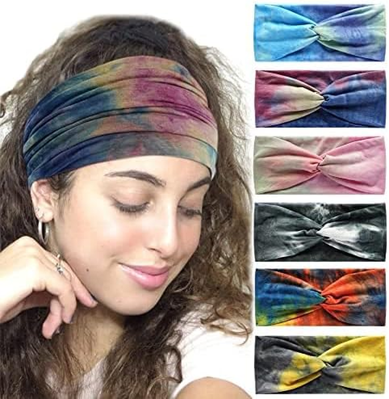 6Pcs Women'S Hairband Bandana Accessories for Adults - Boho Elastic Turban Wide Non-Slip Scarf Headbands for Short Hair (Tiedye)