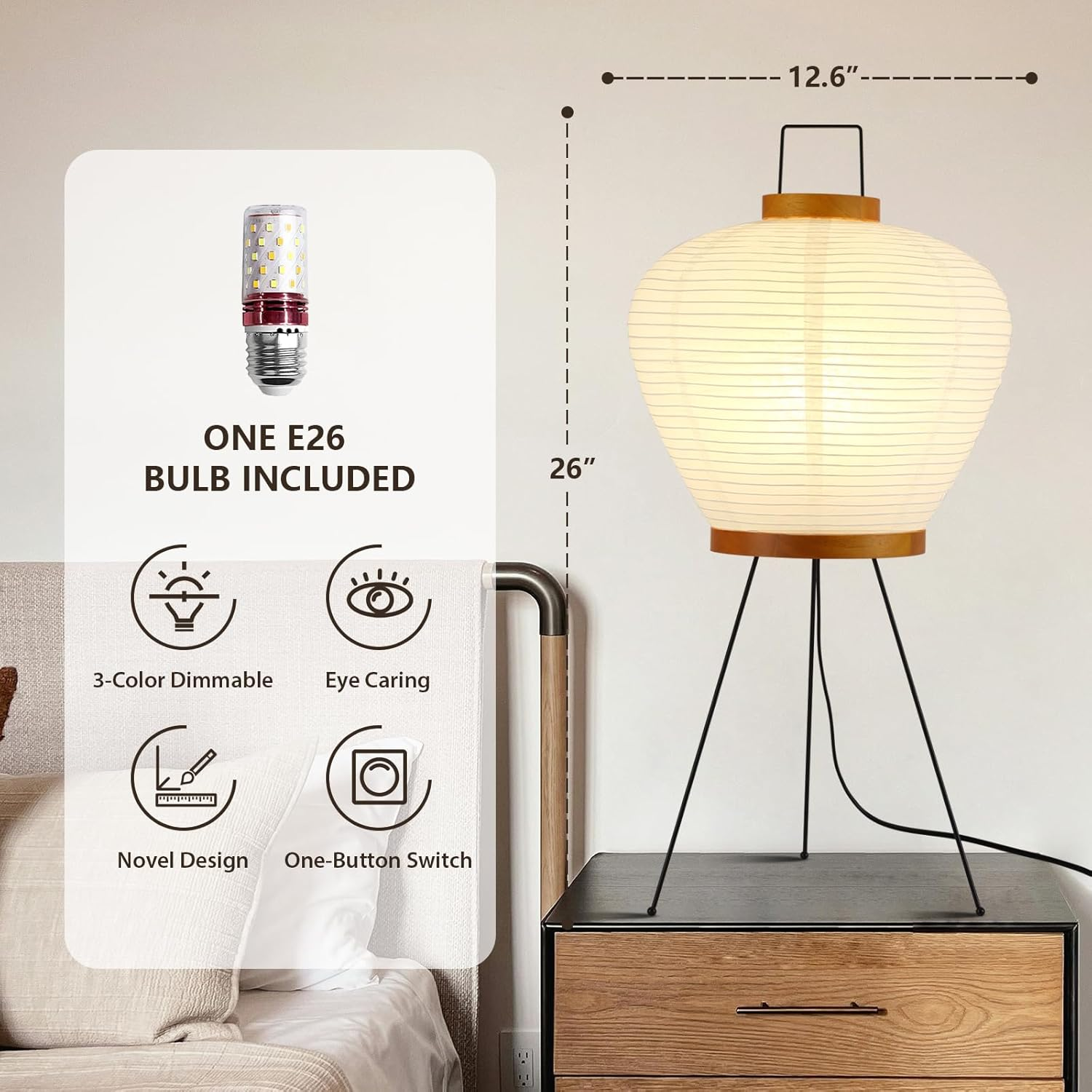 Noguchi Paper Floor Lamp, Akari Rice Paper Floor Lamp for Wabi Sabi Decor, Ideal for Bedside, Living Room, and Japandi D&eacute;cor (Wooden) image number 6