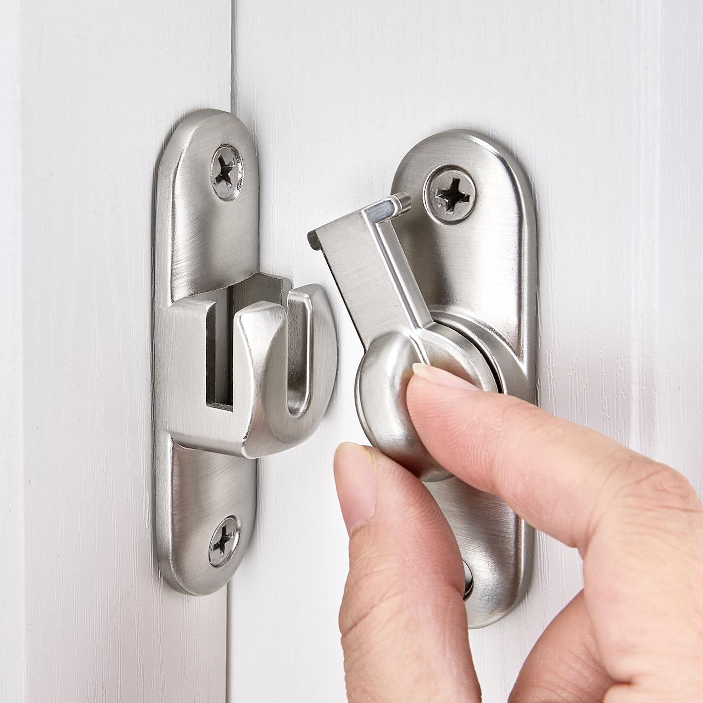 INIRET Silvery Barn Door Latches,90/180 Degree Gate Lock,Flip Gate Latches Hardware,Zinc Alloy Right Angle Door Lock Latch,Door Security Sliding Door Latch Lock for Cabinets,Bathroom image number 2