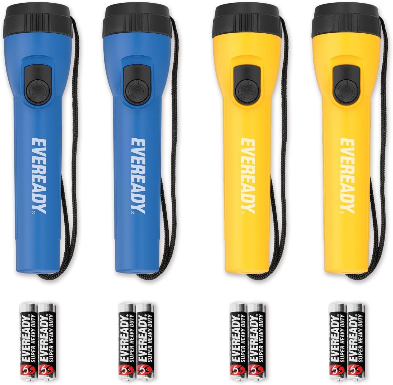 EVEREADY LED Flashlights (4-Pack), Bright Flashlights for Emergencies and Camping Gear, Flash Light with AA Batteries Included, Blue/Yellow (4-Pack) image number 4