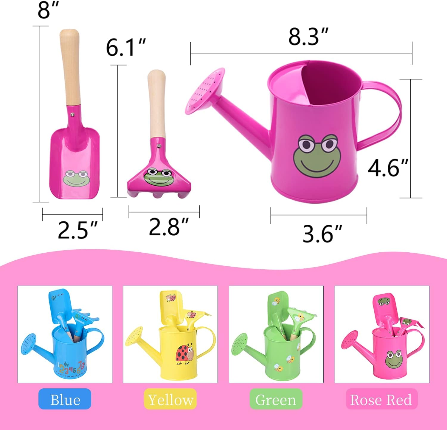 Sungmor Mini Garden Tools Set | Pretty & Cute Little Gardener Kit | Package Includes 3PC Rose Red Frog Watering Can & Trowel & Rake Gardening Hand Tools | Perfect for Play around Garden,Yard or Beach - Blue image number 3