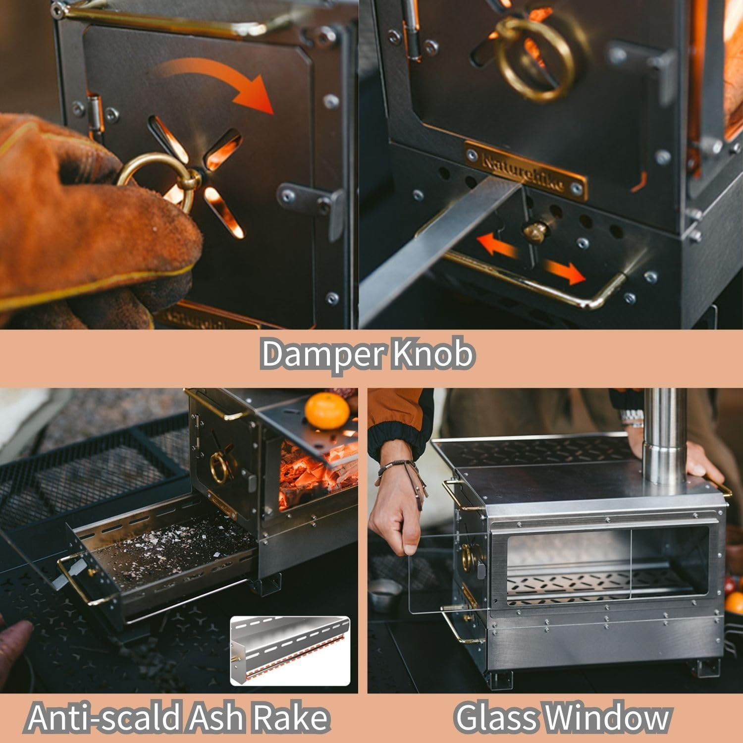 Naturehike 201 Stainless Steel Portable Outdoor Wood Burning Stove, 17.85Lbs Heater Burner with Fireproof Glass Window, Outdoor Camping Stove Oven for Back Packing, Fishing, Hiking, Picnic BBQ, Gray image number 3